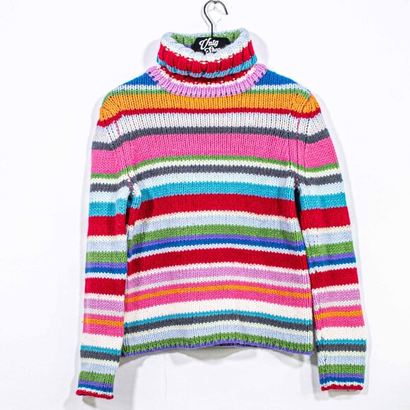 GAP Multicolor Striped Sweater Y2K Chunky Knit Turtleneck Holiday Large Womens - Picture 1 of 9
